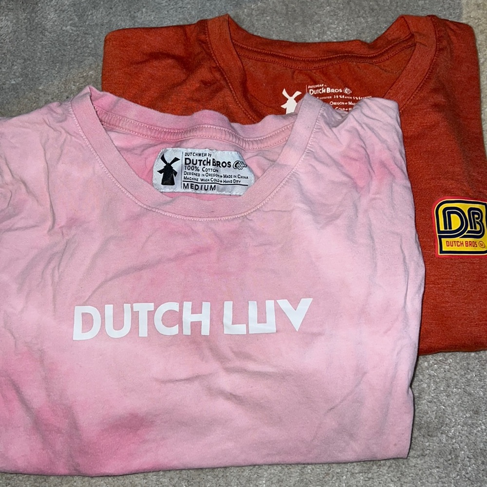 Shirts of the month the pink one (small) worn a tiny stain on the bottom.